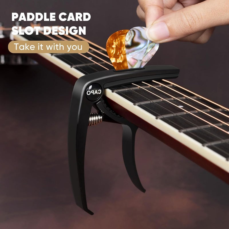Aarvi Guitar Capo 6-String for Acoustic & Electric Guitars - Universal Clamp with 4 Premium Picks - Compatible with Ukulele, Banjo, Mandolin (Black) - Image 3